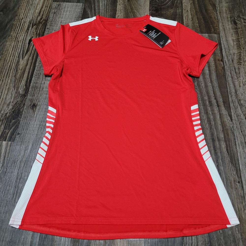 Under Armour Shirt Womens Large Red Short Sleeve HeatGear Top Athletic Vents